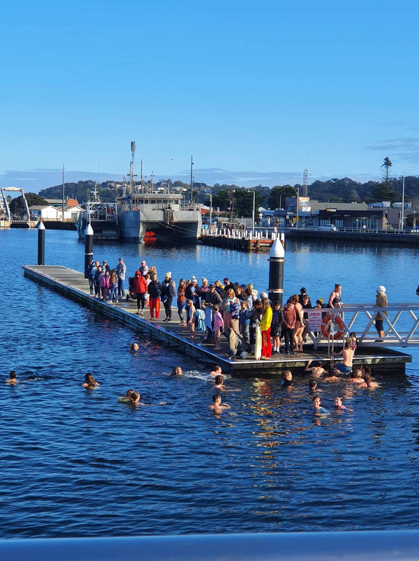 Sip & Plunge event at Lakes Entrance Foreshore - A cold dip for mental health! East Gippsland Winter Festival